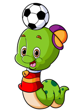 The cute caterpillar is playing the football with the happy face
