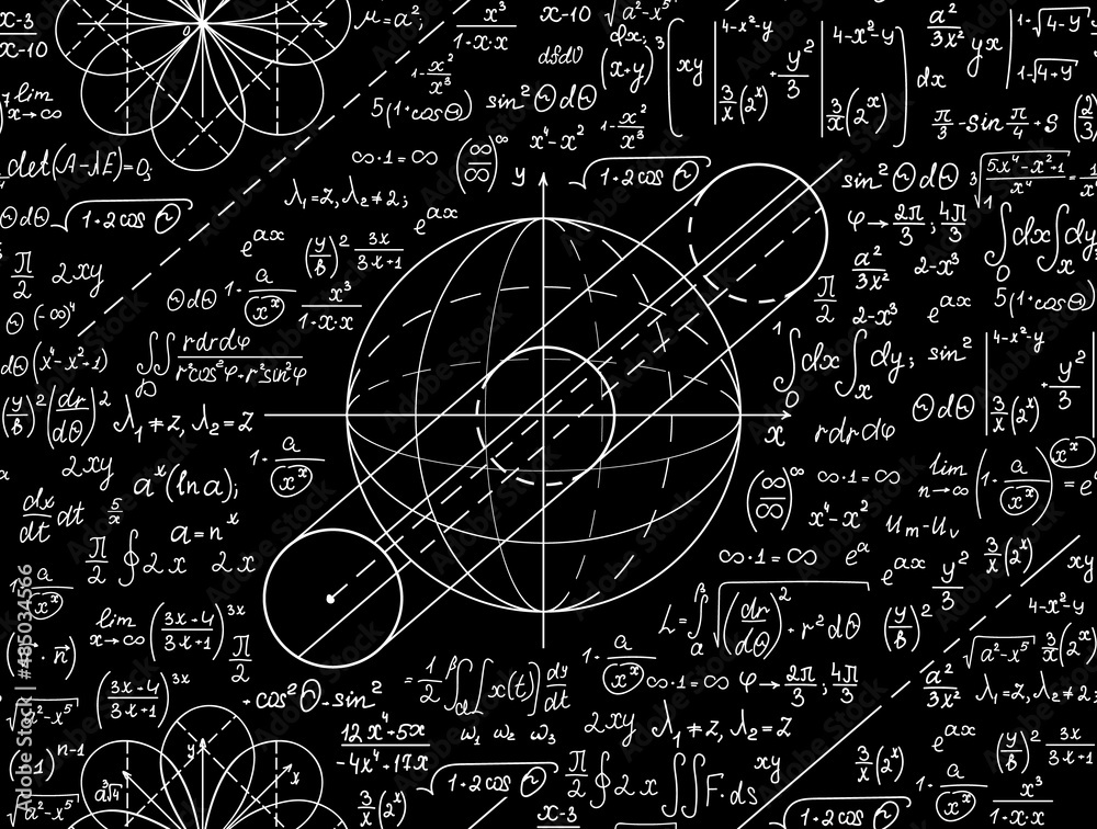 Wall mural math scientific vector seamless pattern with handwritten sphere figures, formulas, calculations