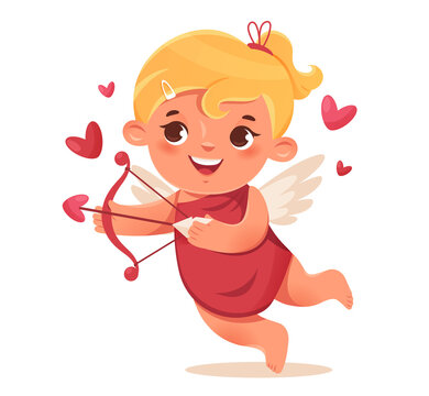 Funny cupid, little angels or amur. Cute Cartoon Cupid girl with bow and arrow. Romantic flat character.