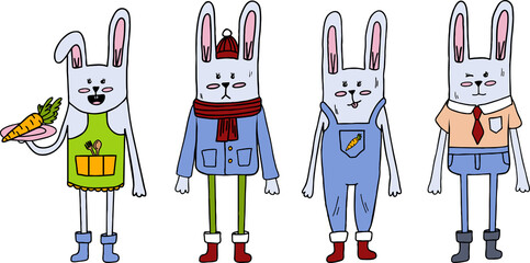 A set of bunnies in different clothes. Vector illustration