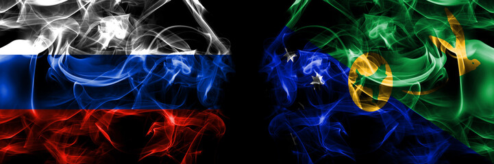 Russia, Russian vs Australia, Australian, Christmas Island flags. Smoke flag placed side by side isolated on black background