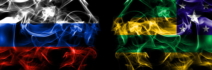 Russia, Russian vs Brazil, Brazilian, Sergipe flags. Smoke flag placed side by side isolated on black background