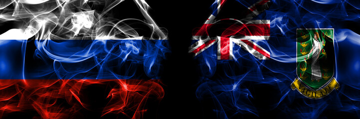 Russia, Russian vs Britain, British Virgin Islands flags. Smoke flag placed side by side isolated on black background