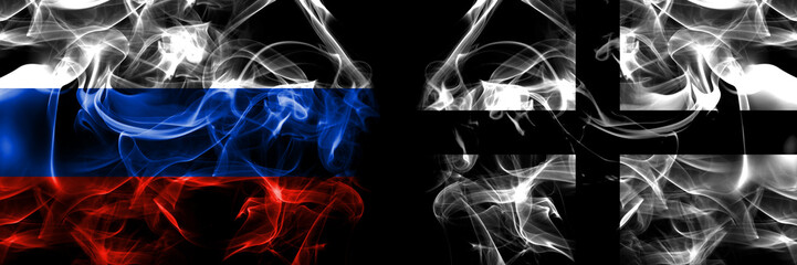 Russia, Russian vs Britain, Kroaz Du, Bretagne, Army of the Breton Duchy flags. Smoke flag placed side by side isolated on black background