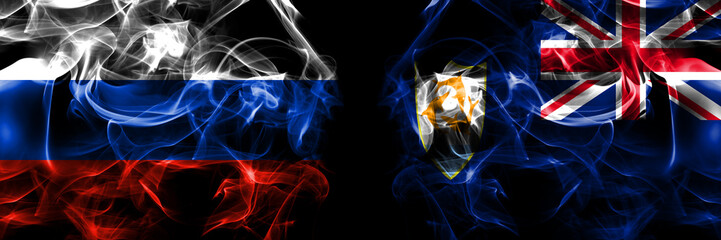 Russia, Russian vs British, Britain, Anguilla flags. Smoke flag placed side by side isolated on black background