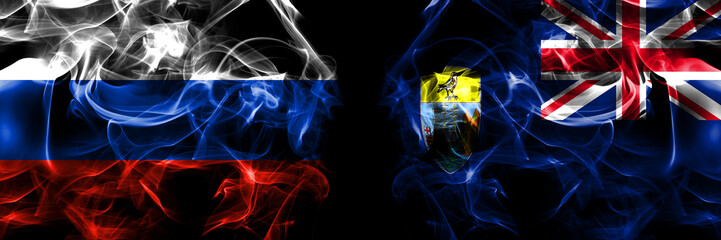Russia, Russian vs British, Britain, Saint Helena flags. Smoke flag placed side by side isolated on black background