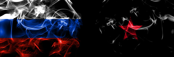 Russia, Russian vs EZLN and the Neozapatista ideology flags. Smoke flag placed side by side isolated on black background