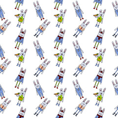 Pattern bunnies in different clothes. Vector illustration