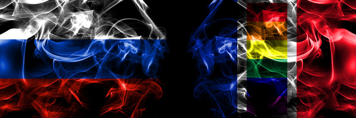 Russia, Russian vs France Gay flag flags. Smoke flag placed side by side isolated on black background
