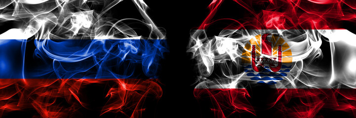 Russia, Russian vs France, French Polynesia flags. Smoke flag placed side by side isolated on black background