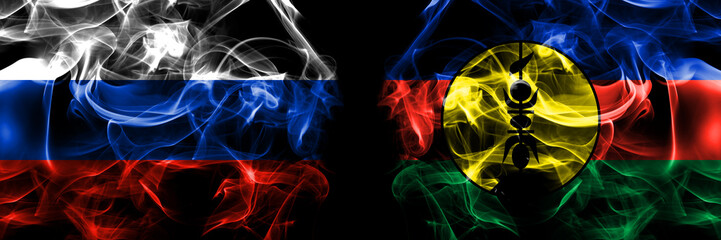 Obraz premium Russia, Russian vs France, French, FLNKS flags. Smoke flag placed side by side isolated on black background