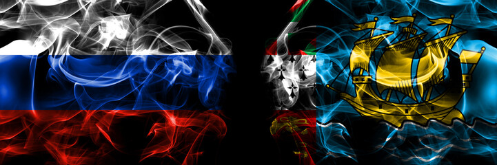 Russia, Russian vs France, French, Saint-Pierre and Miquelon flags. Smoke flag placed side by side isolated on black background