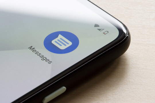 Portland, OR, USA - Feb 4, 2022: Closeup of the Google Messages app icon seen on a Google Pixel 4a smartphone.