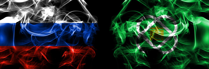 Russia, Russian vs Japan, Japanese, Eniwa, Hokkaido, Ishikari, Subprefecture flags. Smoke flag placed side by side isolated on black background