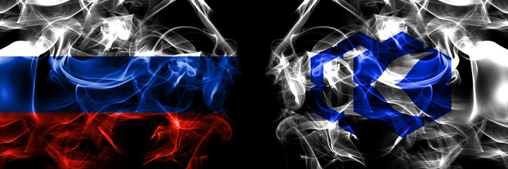 Russia, Russian vs Japan, Japanese, Kutchan, Hokkaido, Shiribeshi, Subprefecture flags. Smoke flag placed side by side isolated on black background