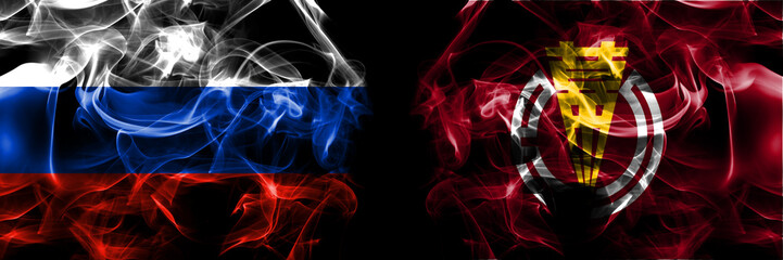 Russia, Russian vs Japan, Japanese, Makubetsu, Hokkaido, Tokachi, Subprefecture flags. Smoke flag placed side by side isolated on black background