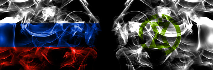 Russia, Russian vs Japan, Japanese, Monbetsu, Hokkaido, Okhotsk, Subprefecture flags. Smoke flag placed side by side isolated on black background