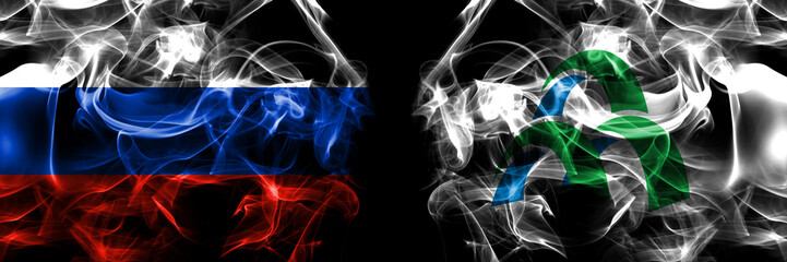 Russia, Russian vs Japan, Japanese, Mori, Hokkaido, Oshima, Subprefecture flags. Smoke flag placed side by side isolated on black background