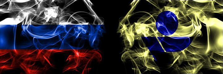 Russia, Russian vs Japan, Japanese, Okoppe, Hokkaido, Okhotsk, Subprefecture flags. Smoke flag placed side by side isolated on black background