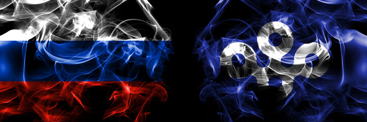 Russia, Russian vs Japan, Japanese, Osaka Prefecture flags. Smoke flag placed side by side isolated on black background