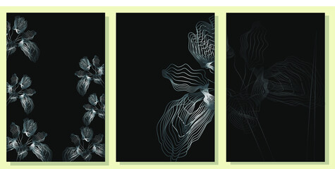 Fototapeta na wymiar Luxury silver iris flowers in outline art. Black and silver brochure. Elegant art design metallic lines, for invitations, celebrations, postcards. 