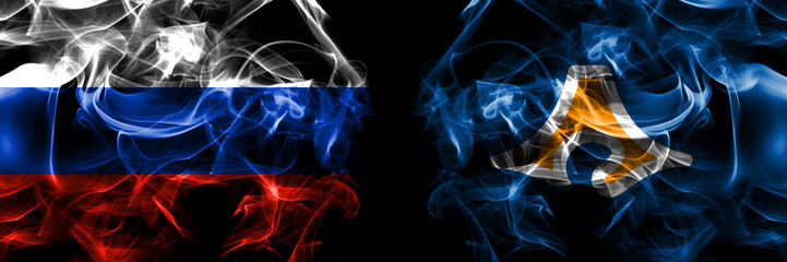 Russia, Russian vs Japan, Japanese, Shizuoka Prefecture flags. Smoke flag placed side by side isolated on black background