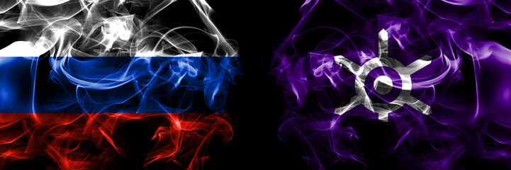 Russia, Russian vs Japan, Japanese, Tokyo Prefecture flags. Smoke flag placed side by side isolated on black background