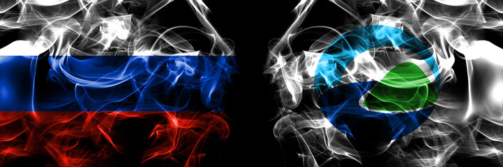 Russia, Russian vs Japan, Japanese, Toyako, Hokkaido flags. Smoke flag placed side by side isolated on black background