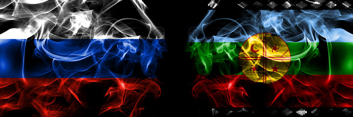 Russia, Russian vs Mapuches flags. Smoke flag placed side by side isolated on black background