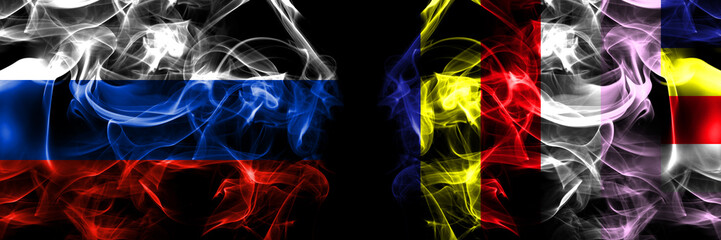 Russia, Russian vs Myanmar, Burmese, buddhist flags. Smoke flag placed side by side isolated on black background