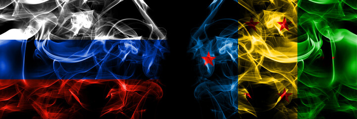 Russia, Russian vs Ogoni people flags. Smoke flag placed side by side isolated on black background
