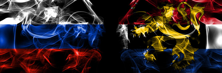 Russia, Russian vs Organizations, Benelux flags. Smoke flag placed side by side isolated on black background