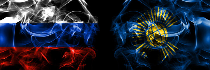 Russia, Russian vs Organizations, Commonwealth, nations flags. Smoke flag placed side by side isolated on black background