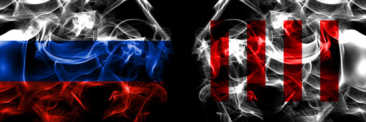 Russia, Russian vs Organizations, Four Freedoms Flag, United Nations Honour flags. Smoke flag placed side by side isolated on black background