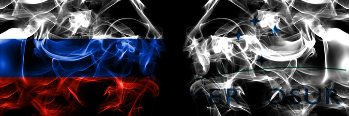 Russia, Russian vs Organizations, Mercosur flags. Smoke flag placed side by side isolated on black background