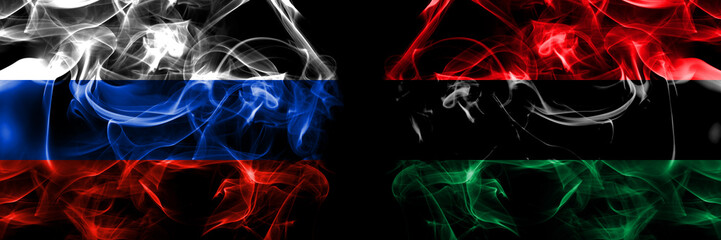 Russia, Russian vs Organizations, Pan african, UNIA flags. Smoke flag placed side by side isolated on black background - obrazy, fototapety, plakaty