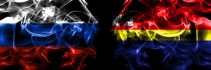 Russia, Russian vs Russia, Russian, Kaliningrad Oblast flags. Smoke flag placed side by side isolated on black background