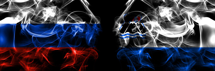 Russia, Russian vs Russia, Russian, Kamchatka Oblast flags. Smoke flag placed side by side isolated on black background