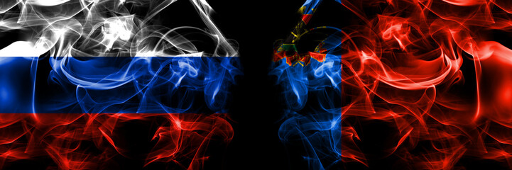 Russia, Russian vs Russia, Russian, Kemerovo oblast flags. Smoke flag placed side by side isolated on black background