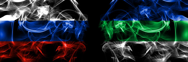 Russia, Russian vs Russia, Russian, Komi flags. Smoke flag placed side by side isolated on black background