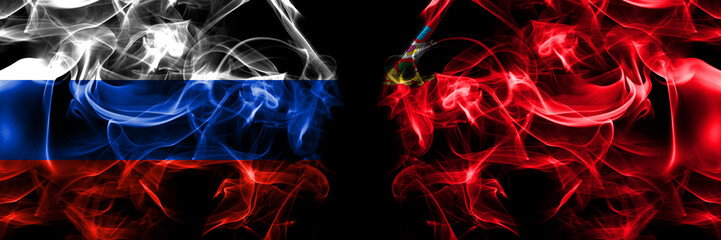Obraz premium Russia, Russian vs Russia, Russian, Moscow oblast flags. Smoke flag placed side by side isolated on black background