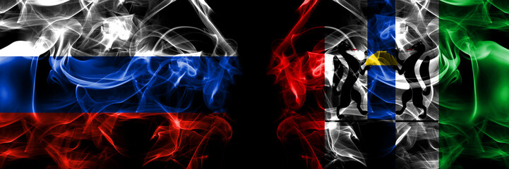 Russia, Russian vs Russia, Russian, Novosibirsk oblast flags. Smoke flag placed side by side isolated on black background