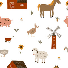 Children's seamless vector illustration with lamb, horse, chicken, goose, pig, plants on a white background. Farm animals pattern for fabric, kids room decoration, wrapping paper.