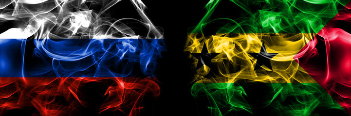 Russia, Russian vs Sao Tome and Principe flags. Smoke flag placed side by side isolated on black...