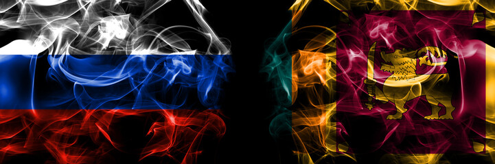 Russia, Russian vs Sri Lanka flags. Smoke flag placed side by side isolated on black background