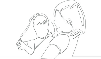 Simple continuous line drawing of mom hug her’s daughter when sit in some place. Vector illustration. Family Gathering. Happy Family.