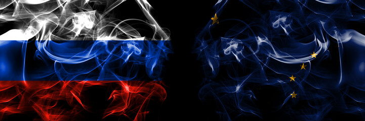 Obraz premium Russia, Russian vs United States of America, America, US, USA, American, Alaska, Alaskan flags. Smoke flag placed side by side isolated on black background