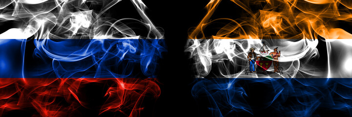 Russia, Russian vs United States of America, America, US, USA, American, Albany, New York flags. Smoke flag placed side by side isolated on black background