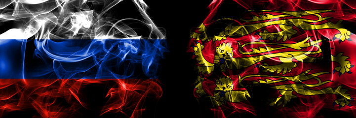 Russia, Russian vs United Kingdom, UK, Royal Banner England flags. Smoke flag placed side by side isolated on black background