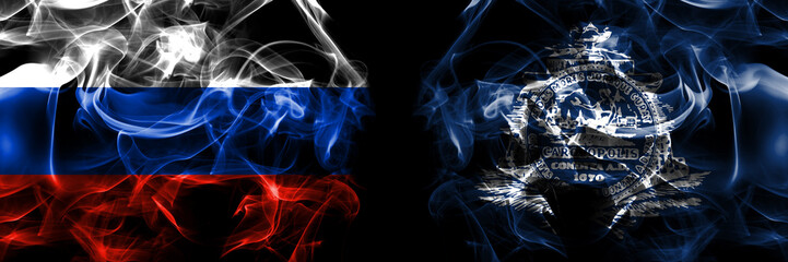 Russia, Russian vs United States of America, America, US, USA, American, Charleston, South Carolina flags. Smoke flag placed side by side isolated on black background